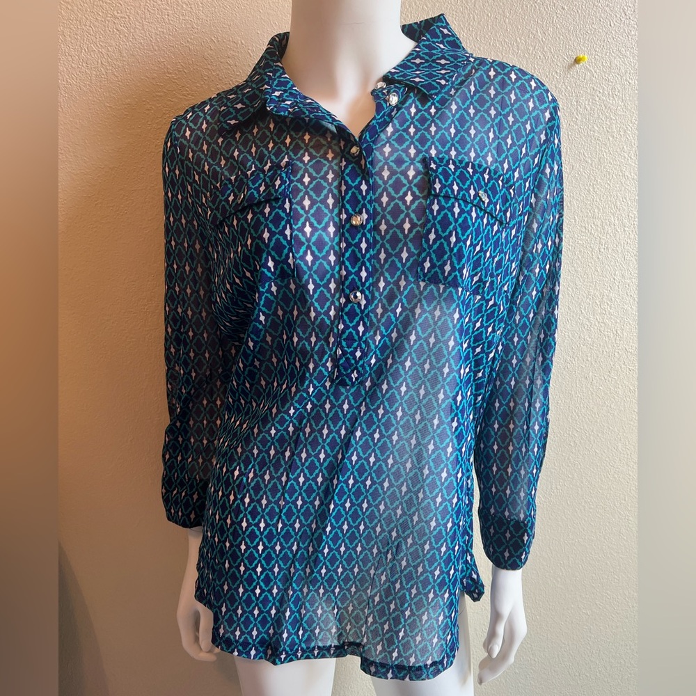 I-N-C International Concepts Blue Diamond Print Button Up Blouse